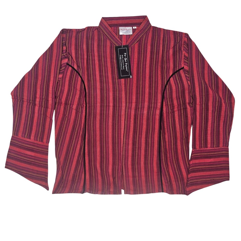 Far Out Fashion Womens Medium Red Burgundy Striped Long Sleeve Boho Top NWT - Picture 1 of 5